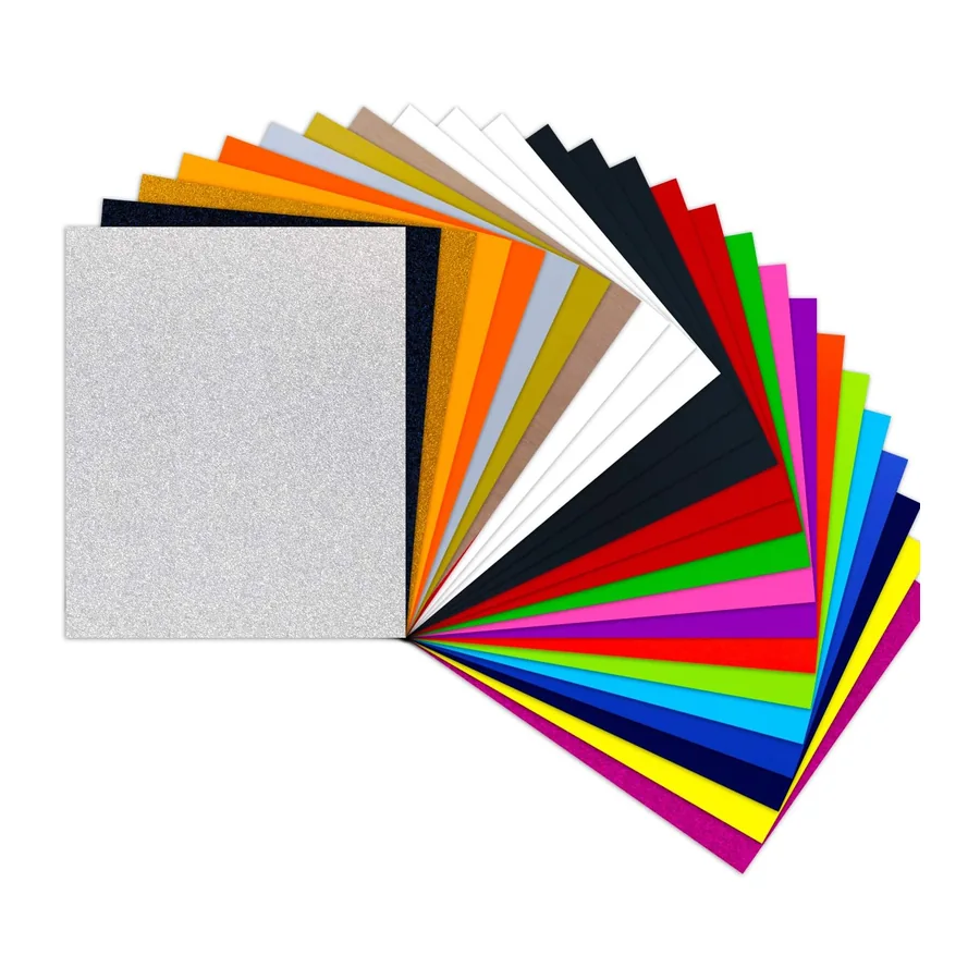 Plotter Film Textile – 26 Pack Flex Film 30.48 cm x 25.4 cm for T-Shirts and Fabrics – 20 Colours Regular and Glitter